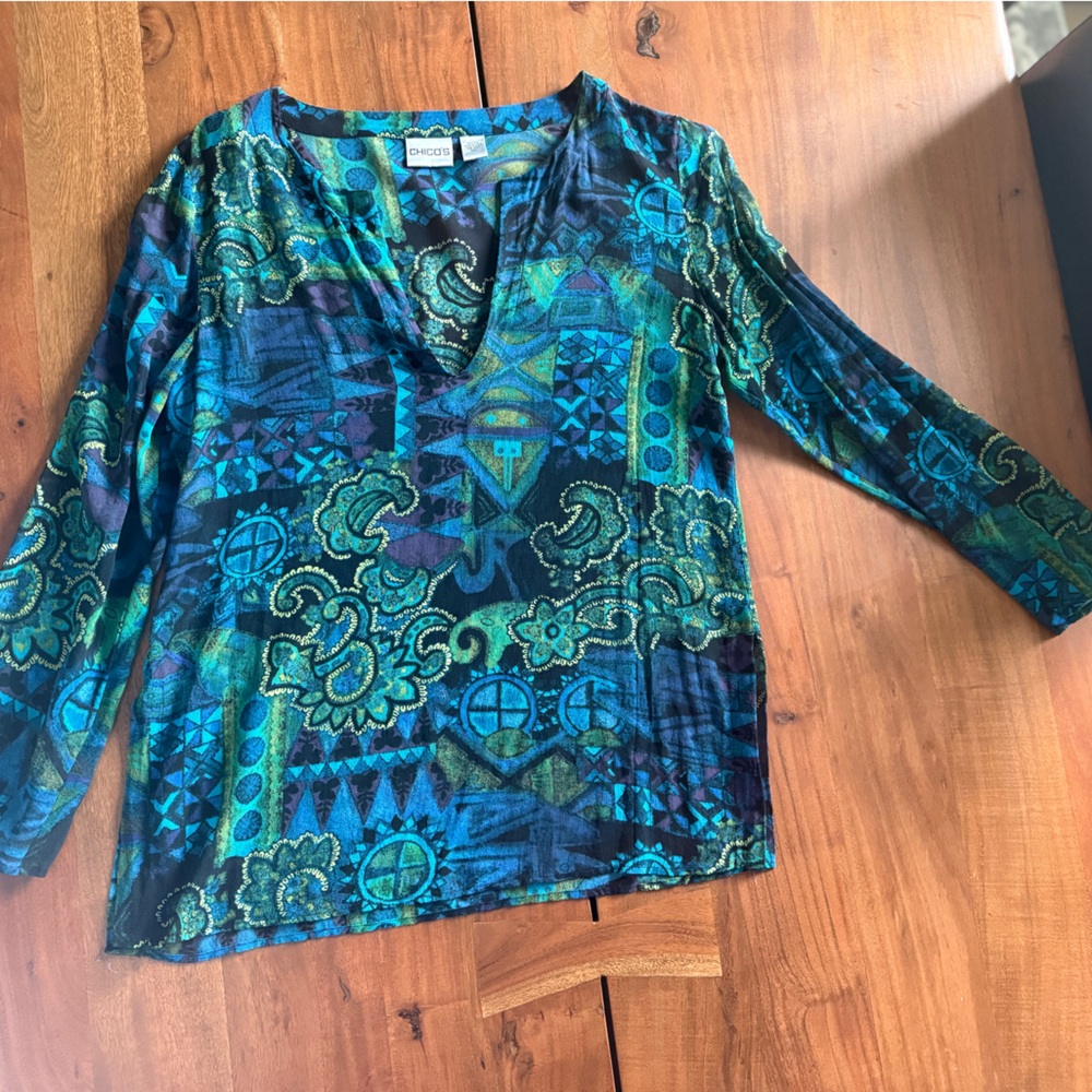 Chico's Blue Teal Paisley & Geometric Long Sleeve Top 100% silk